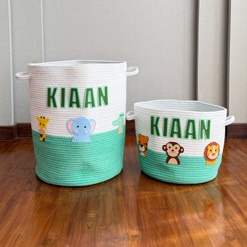 Safari Animals - Green Rope Personalised Storage Basket