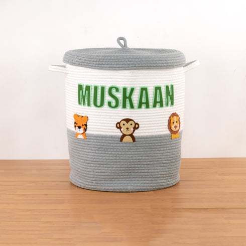 Safari Animals- Grey Rope Basket With Lid