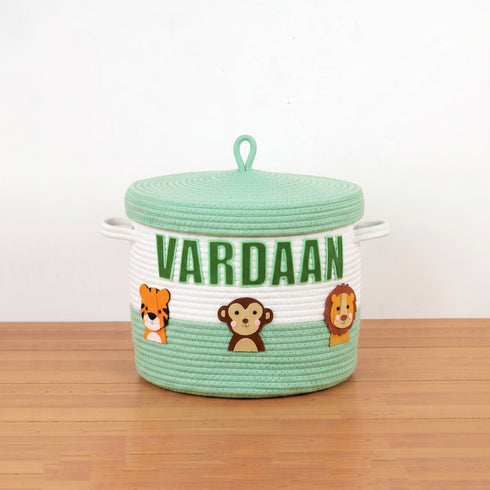 Safari Animals- Green Rope Basket With Lid