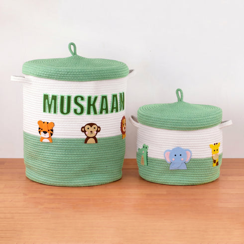 Safari Animals- Green Rope Basket With Lid