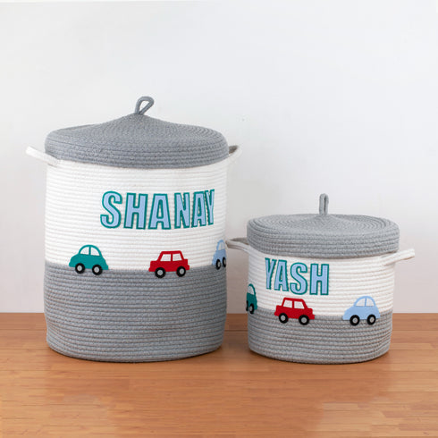 Little Cars- Grey Rope Basket With Lid