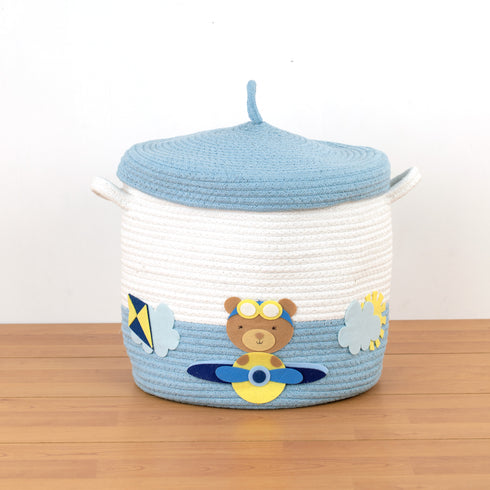 Teddy & Airplanes - Blue Rope Basket With Lid