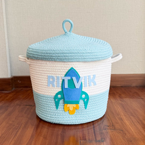 Space Explorer- Blue Rope Basket with Lid