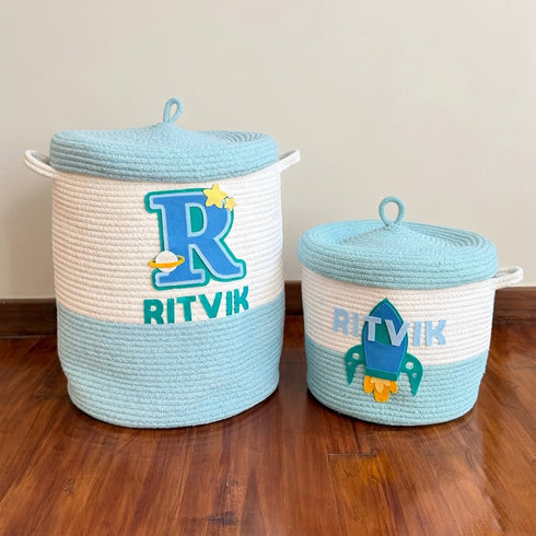 Space Explorer- Blue Rope Basket with Lid