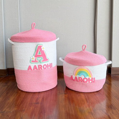 Rainbows & Daisies - Pink Rope Basket with Lid