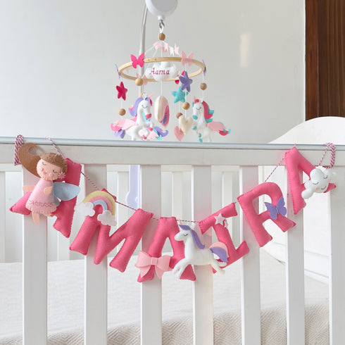 Unicorn & Fairy Cot Mobile & Name Bunting/ Garland Set
