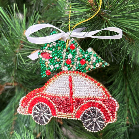 Glitter Embellished Ornament- Red Car