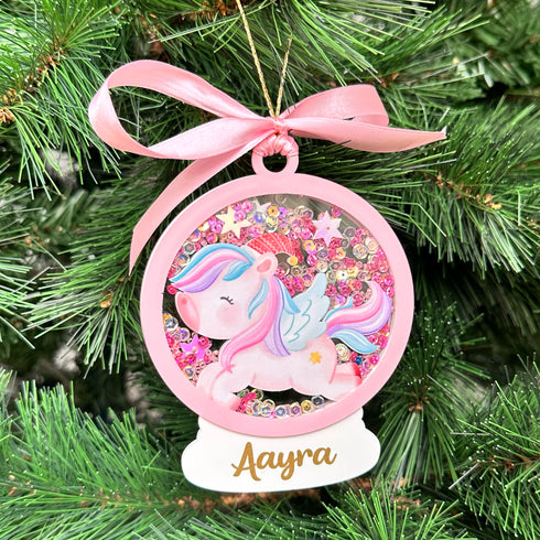 Sparkly Snow Globe Ornament-Unicorn