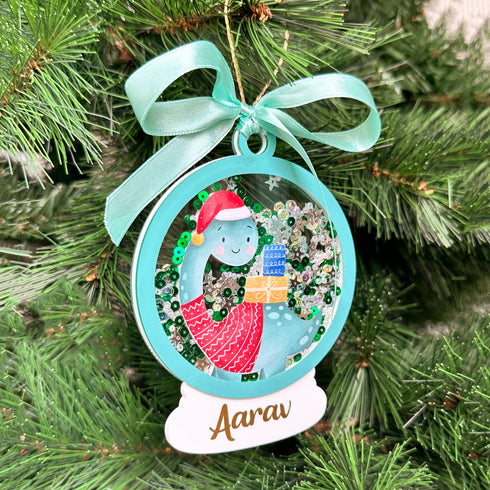 Sparkly Snow Globe Ornament- Dino