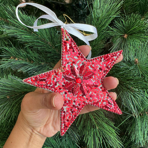 Glitter Embellished Ornament- Red Star