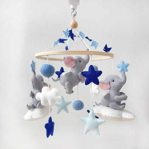 Elephant Clouds & Stars Cot Mobile - Blue