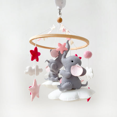 Elephant Clouds & Stars Cot Mobile - Pink