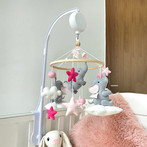 Elephant Clouds & Stars Cot Mobile - Pink