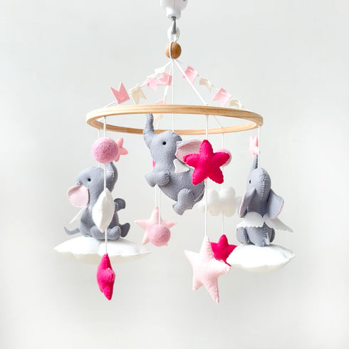 Elephant Clouds & Stars Cot Mobile - Pink