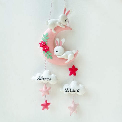 Personalised Sibling Name Hanging - Bunny on a Moon-Pink