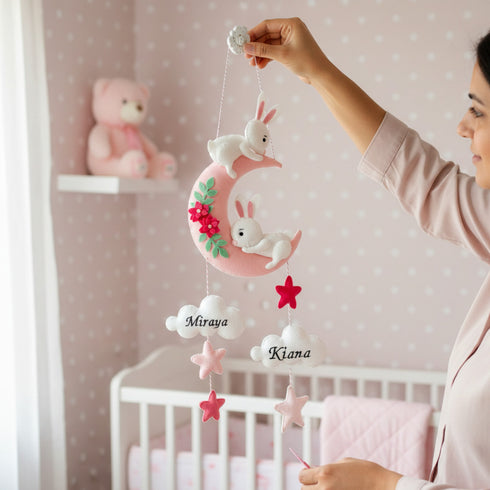 Personalised Sibling Name Hanging - Bunny on a Moon