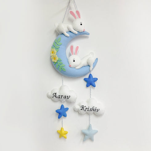 Personalised Sibling Name Hanging - Bunny on a Moon-Pink