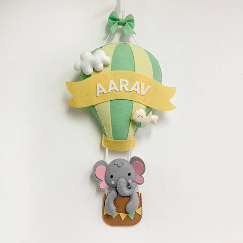 Elephant in a Hot Air Balloon Name Wall Hanging - Green