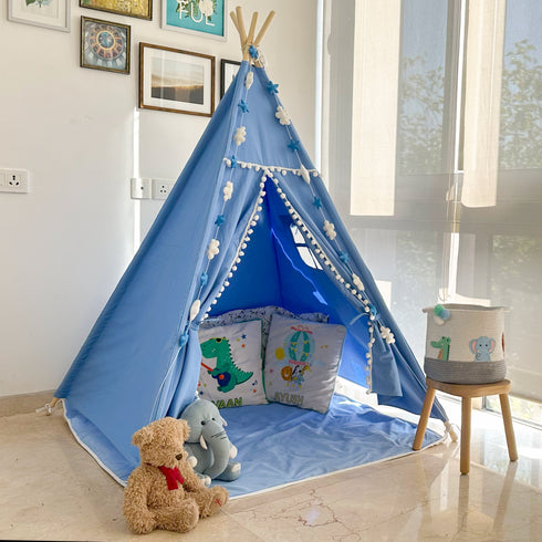 Tent/Tepee - Light Blue with Pom Poms