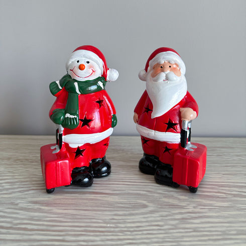 Ceramic Figurine- Santa and Snowman With Suitcase