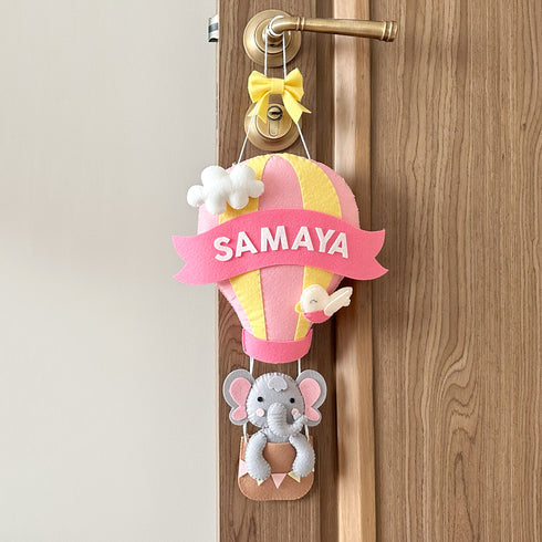 Elephant in a Hot Air Balloon Name Wall Hanging - Pink