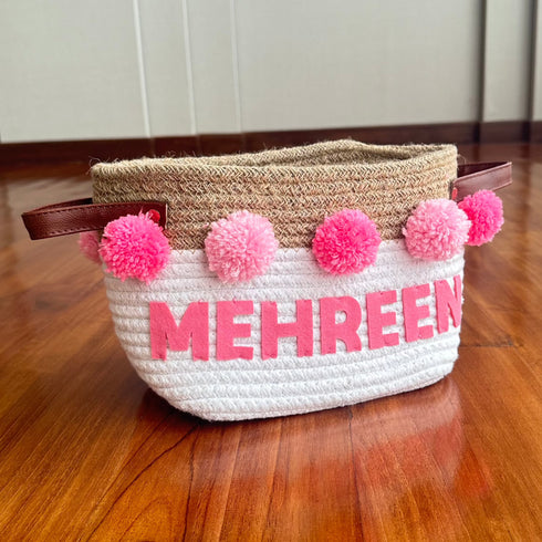 Jute & Cotton Rope Basket Small with Pink Pom Poms