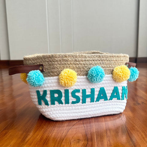 Jute & Cotton Rope Basket Small with Yellow and Teal Pom Poms