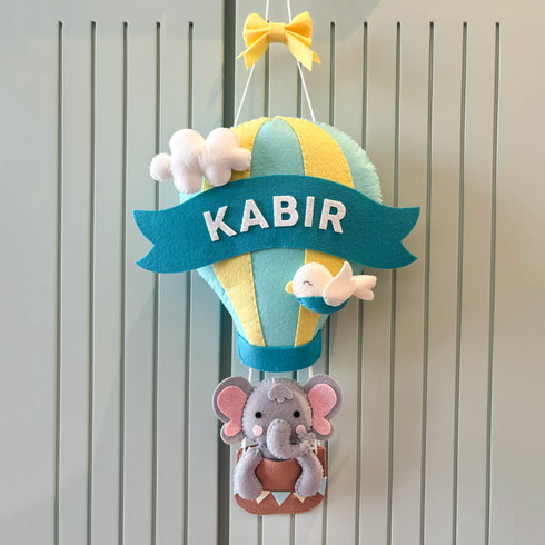 Elephant in a Hot Air Balloon Name Wall Hanging - Blue