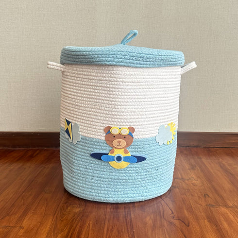 Teddy & Airplanes - Blue Rope Basket With Lid