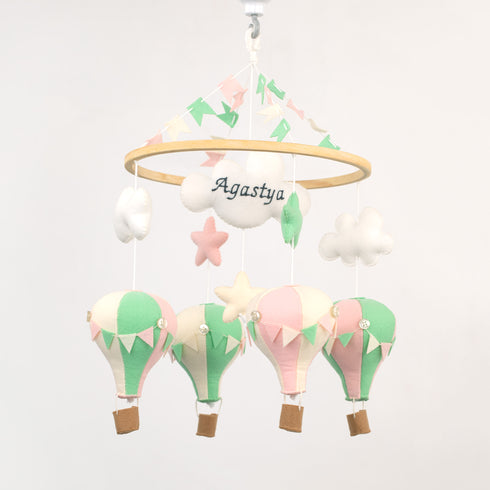 Personalised Hot Air Balloon Cot Mobile - Pink & Mint