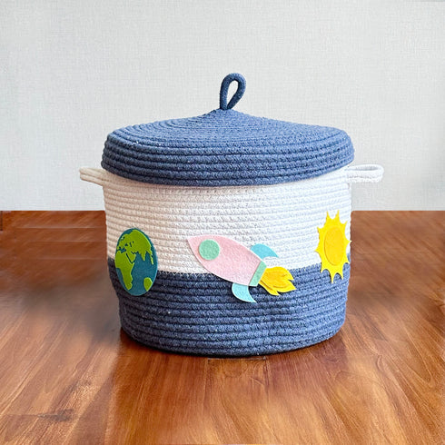 Solar System - Navy Blue Rope Basket with Lid