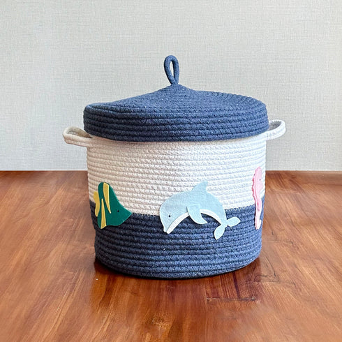 Sea Creatures - Navy Blue Rope Basket With Lid