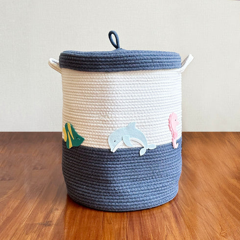 Sea Creatures - Navy Blue Rope Basket With Lid