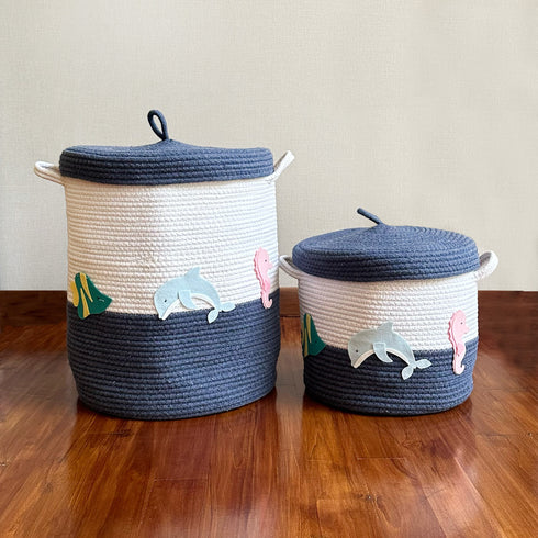 Sea Creatures - Navy Blue Rope Basket With Lid