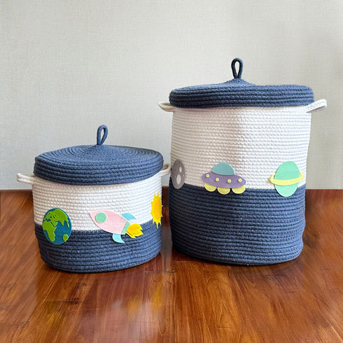 Solar System - Navy Blue Rope Basket with Lid
