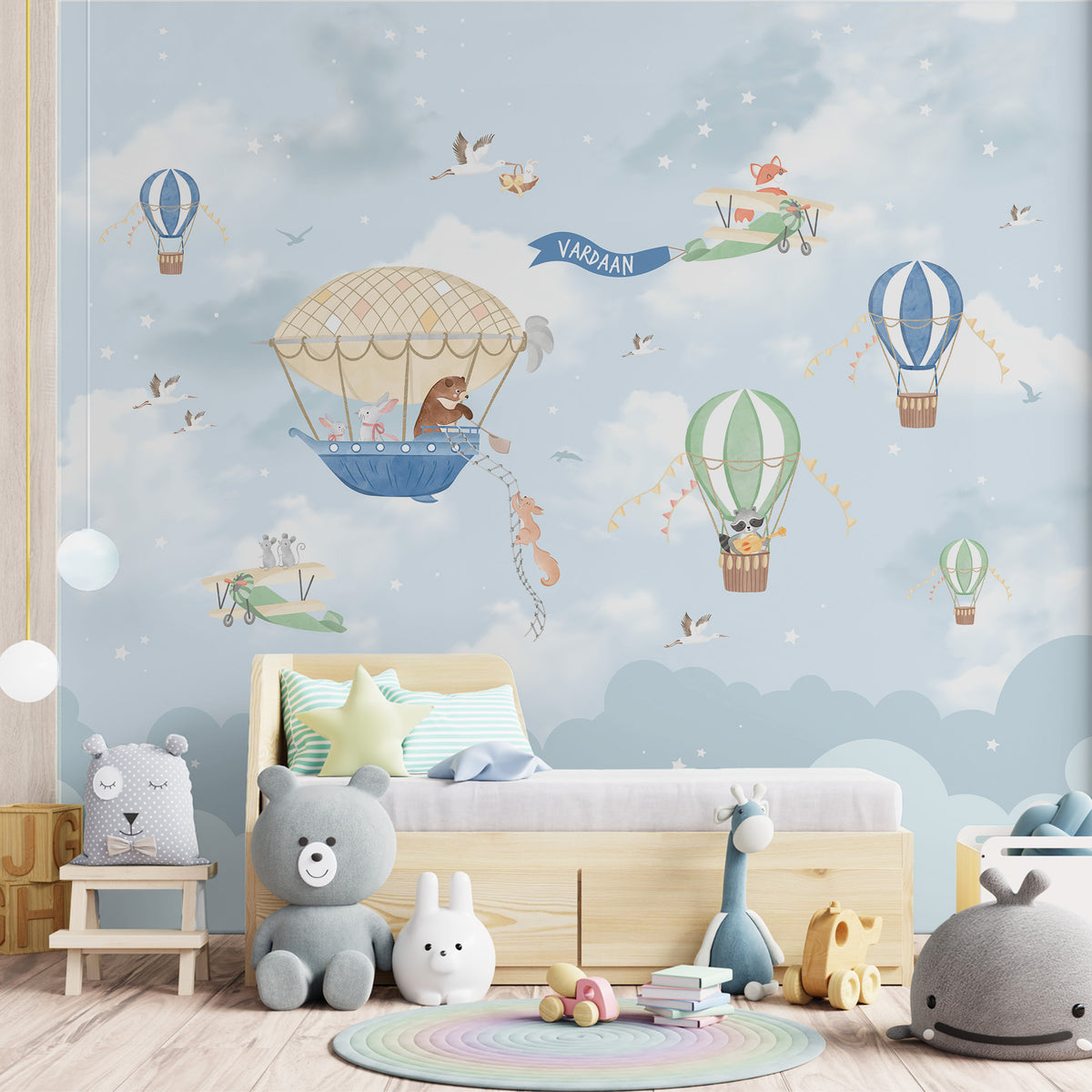 Blue Personalised Hot Air Balloon Wallpaper Nursery Décor, Kids Room ...