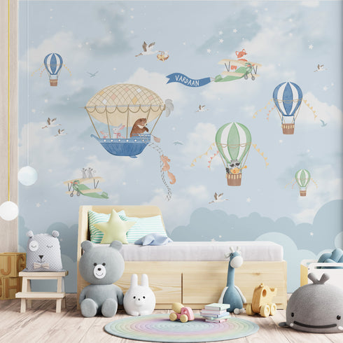 Blue Personalised Hot Air Balloon Wallpaper