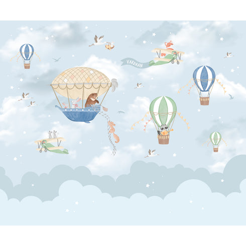 Blue Personalised Hot Air Balloon Wallpaper