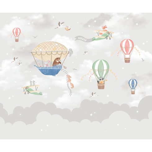 Grey Personalised Hot Air Balloon Wallpaper