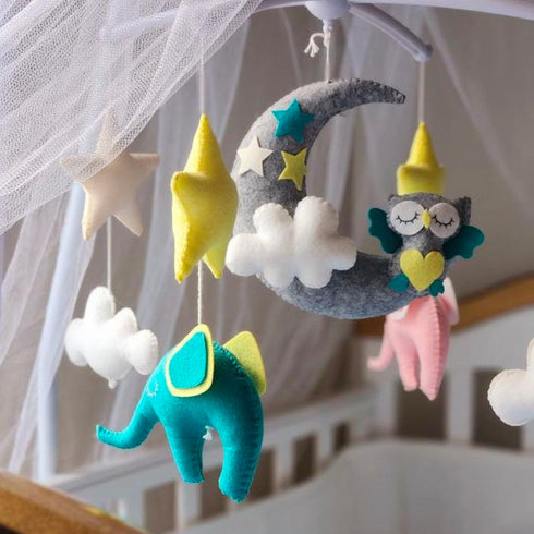 Elephant Owl Moon Cot Mobile - Teal & Yellow