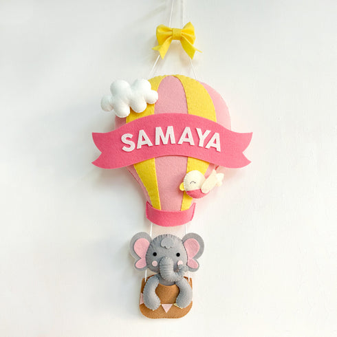 Elephant in a Hot Air Balloon Name Wall Hanging - Pink