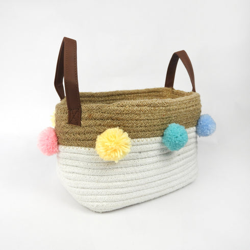 Small Jute Basket - Rainbow Pom Poms