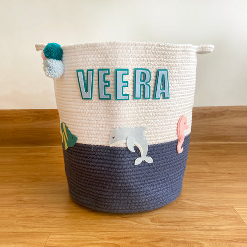 Sea Creatures - Navy Rope Personalised Storage Basket