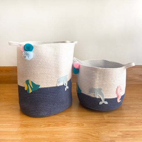 Sea Creatures - Navy Rope Personalised Storage Basket