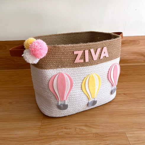 Pink Hot Air Balloons - Jute & Cotton Rope Storage Basket