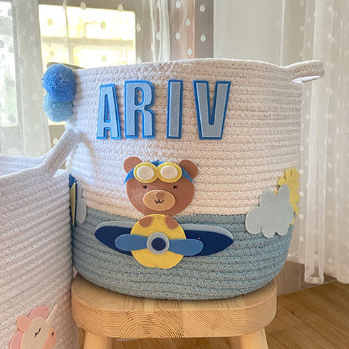 Teddy & Airplanes - Blue Rope Personalised Storage Basket