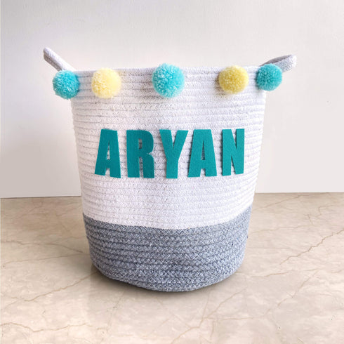 Teal & Yellow Embellished Cotton Rope Storage Basket