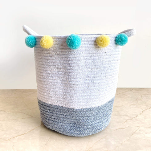 Teal & Yellow Embellished Cotton Rope Storage Basket