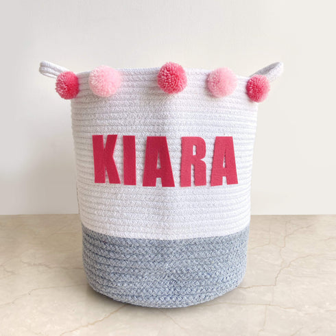 Pink Embellished Cotton Rope Storage Basket