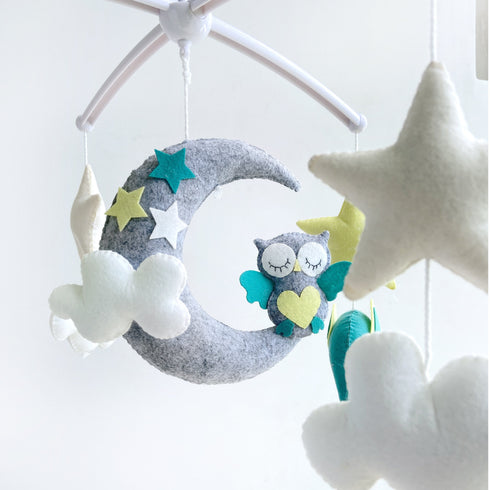 Elephant Owl Moon Cot Mobile - Teal & Yellow